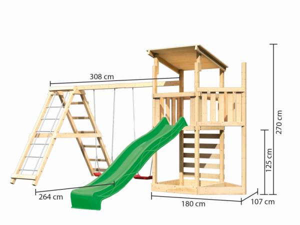 Akubi Spielturm Anna + Rutsche grün + Doppelschaukelanbau Klettergerüst + Kletterwand + Schiffsanbau