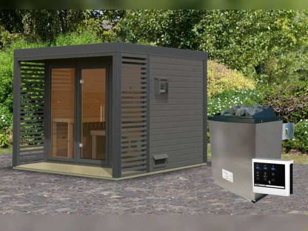 Karibu Hybrid Saunahaus Ares 3, terragrau/anthrazit -inkl. 9 kW Ofen ext. Steuerung-
