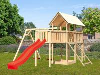 Akubi Spielturm Danny Satteldach + Rutsche rot + Doppelschaukel + Anbauplattform XL + Netzrampe
