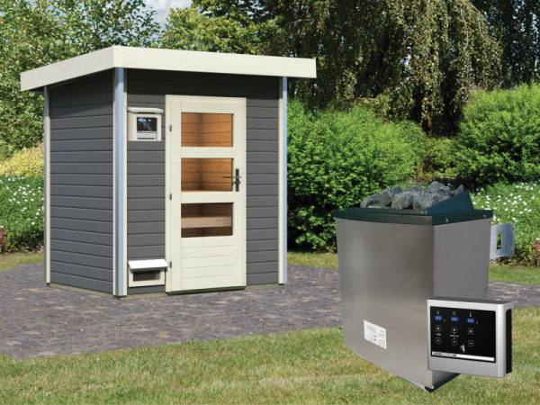 Karibu Saunahaus Jorgen terragrau- 38 mm- 9 kW Ofen ext. Strg - Moderne Saunatür