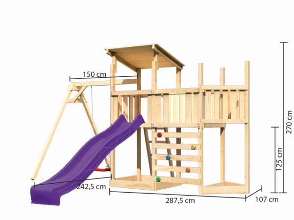 Akubi Spielturm Anna + Rutsche violett + Einzelschaukel + Anbauplattform + Kletterwand + Schiffsanba