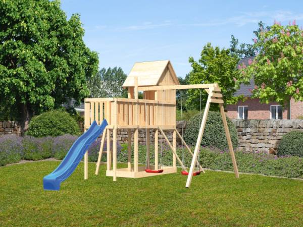 Karibu Stelzenhaus Frieda + Rutsche blau + Doppelschaukel + Anbauplattform + Netzrampe