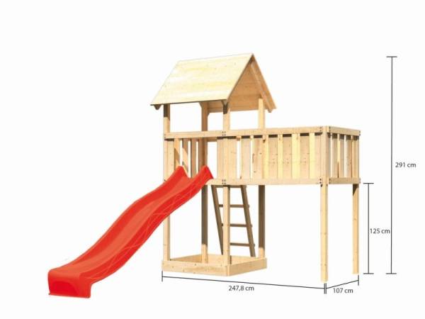 Akubi Spielturm Lotti natur mit Anbauplattform XL und Rutsche rot