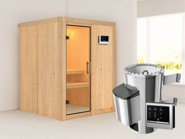 Minja - Karibu Sauna Plug & Play 3,6 kW Ofen, ext. Steuerung - ohne Dachkranz - Klarglas Ganzglastür