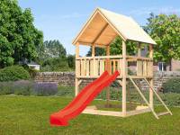 Akubi Spielturm Luis Satteldach + Rutsche rot + Netzrampe