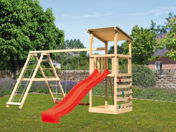 Karibu Spielturm Anna + Rutsche rot + Doppelschaukelanbau Klettergerüst + Kletterwand Karibu Spielturm Anna + Rutsche rot + Doppelschaukelanbau Klettergerüst + Kletterwand