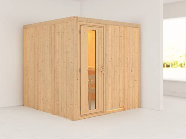 Karibu Sauna Rodin ohne Ofen, ohne Dachkranz, mit energiesparender Saunatür Karibu Sauna Rodin ohne Ofen, ohne Dachkranz, mit energiesparender Saunatür