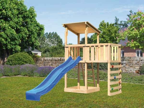 Karibu Spielturm Anna + Rutsche blau + Anbauplattform + Kletterwand Karibu Spielturm Anna + Rutsche blau + Anbauplattform + Kletterwand