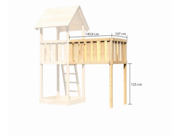 Akubi Spielturm Lotti Satteldach + Rutsche blau + Einzelschaukel + Anbauplattform XL + Kletterwand