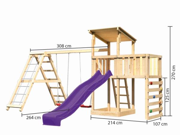 Akubi Spielturm Anna + Rutsche violett + Doppelschaukelanbau Klettergerüst + Anbauplattform + Klette