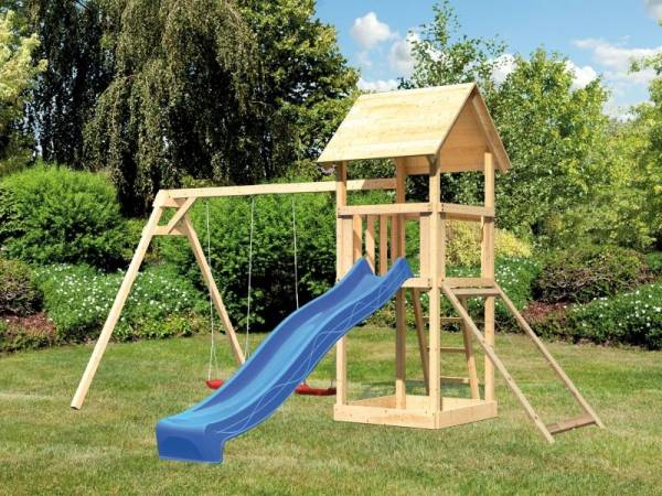 Karibu Spielturm Lotti mit Doppelschaukel, Netzrampe und Rutsche blau Karibu Spielturm Lotti mit Doppelschaukel, Netzrampe und Rutsche blau