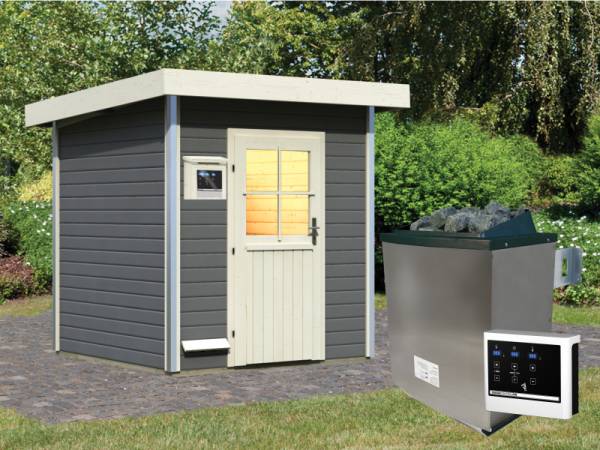 Karibu Saunahaus Torge terragrau, inkl. 9kW Ofen ext. Steuerung, mit klassischer Tür