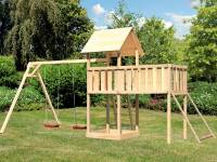 Akubi Spielturm Lotti Satteldach + Doppelschaukel + Anbauplattform XL + Netzrampe
