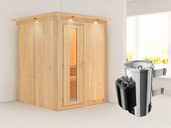 Minja - Karibu Sauna Plug & Play 3,6 kW Ofen, int. Steuerung - mit Dachkranz - Energiespartür