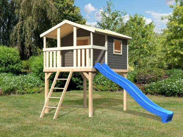 Akubi Stelzenhaus Benjamin terragrau mit Rutsche in blau Akubi Stelzenhaus Benjamin terragrau mit Rutsche in blau