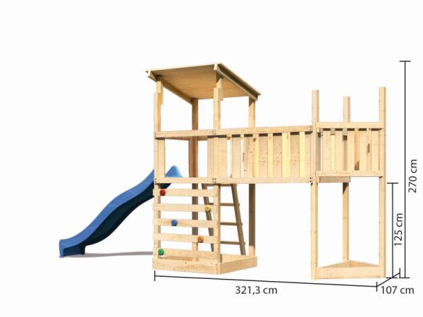Akubi Spielturm Anna + Rutsche blau + Anbauplattform XL + Kletterwand + Schiffsanbau oben