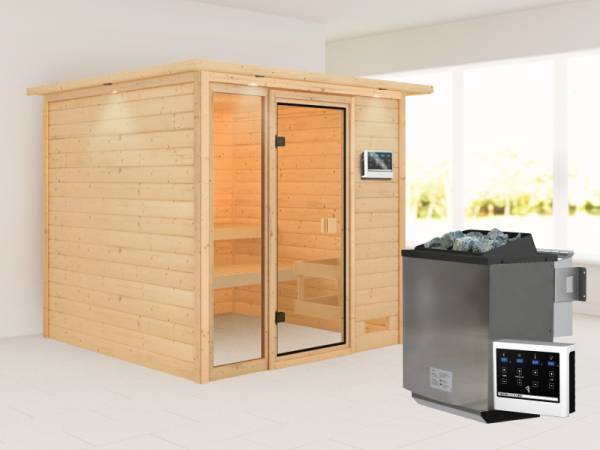 Karibu Sauna Jutta mit 9 kW Bioofen ext. Strg und Dachkranz 38 mm Karibu Sauna Jutta mit 9 kW Bioofen ext. Strg und Dachkranz 38 mm