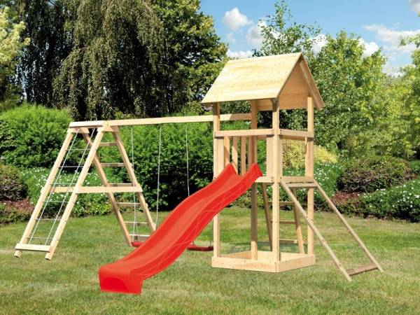 Karibu Spielturm Lotti- Doppelschaukel mit Klettergerüst, Netzrampe und Rutsche in rot Karibu Spielturm Lotti- Doppelschaukel mit Klettergerüst, Netzrampe und Rutsche in rot