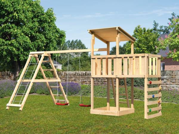 Karibu Spielturm Anna + Doppelschaukelanbau Klettergerüst + Anbauplattform + Kletterwand Karibu Spielturm Anna + Doppelschaukelanbau Klettergerüst + Anbauplattform + Kletterwand