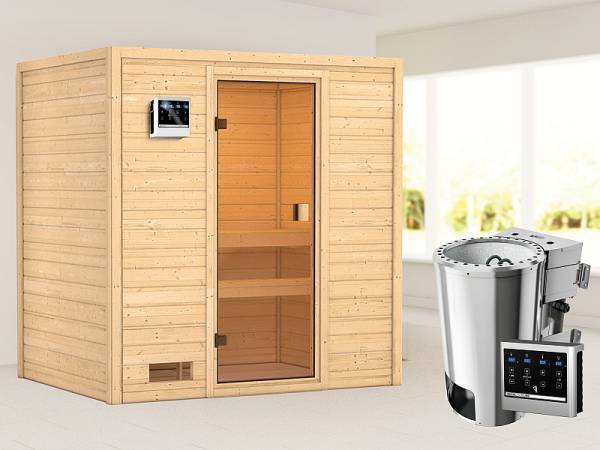 Karibu Sauna Selena mit 3,6 kW Bioofen ext. Strg 38 mm Karibu Sauna Selena mit 3,6 kW Bioofen ext. Strg 38 mm