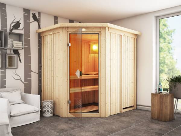 Saja - Karibu Sauna Plug & Play ohne Ofen - mit Dachkranz -