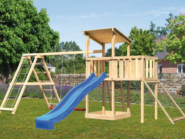 Karibu Spielturm Anna + Rutsche blau + Doppelschaukelanbau Klettergerüst + Anbauplattform + Netzrampe