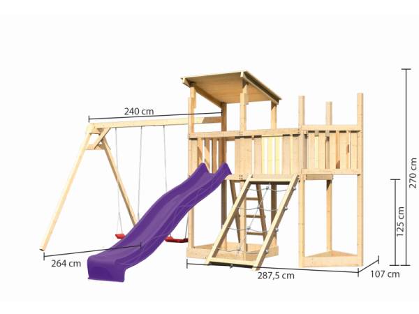 Akubi Spielturm Anna + Rutsche violett + Doppelschaukel + Anbauplattform + Netzrampe + Schiffsanbau