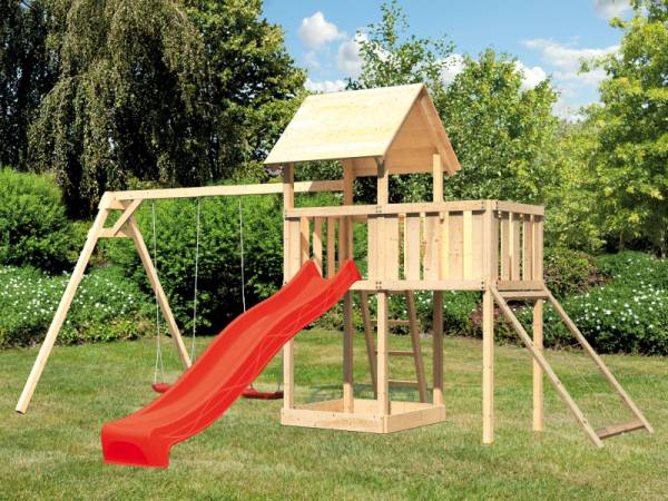 Karibu Spielturm Lotti Satteldach + Rutsche rot + Doppelschaukel + Anbauplattform + Netzrampe Karibu Spielturm Lotti Satteldach + Rutsche rot + Doppelschaukel + Anbauplattform + Netzrampe