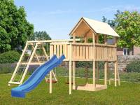 Akubi Spielturm Danny Satteldach + Rutsche blau + Doppelschaukelanbau Klettergerüst + Anbauplattform