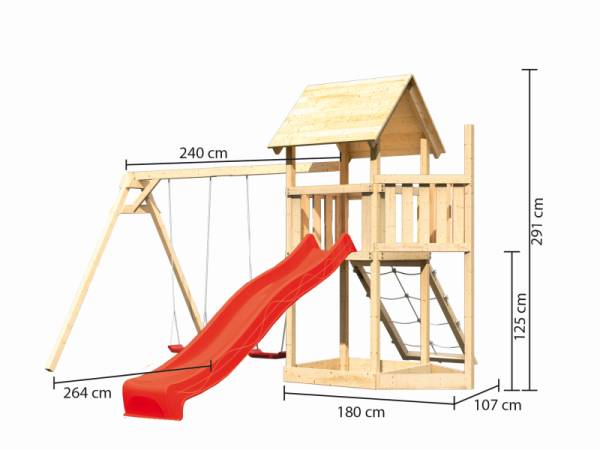 Akubi Spielturm Lotti Satteldach + Schiffsanbau oben + Doppelschaukel + Netzrampe + Rutsche in rot