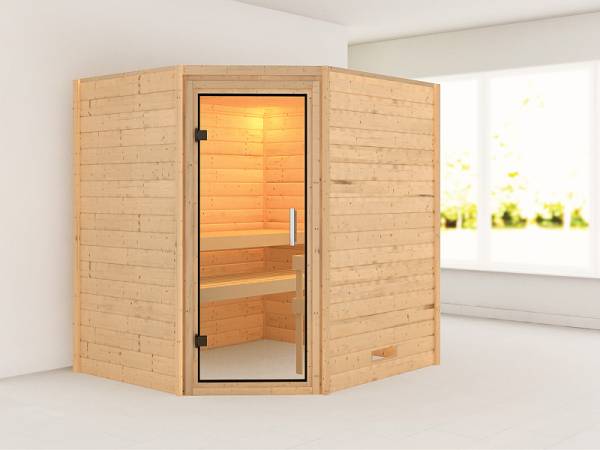 Karibu Massivholzsauna Mia 38 mm mit Klarglas Saunatür, ohne Dachkranz