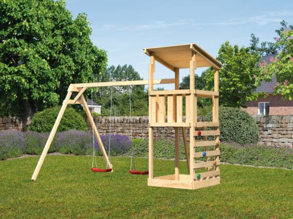 Karibu Spielturm Anna + Doppelschaukel + Kletterwand Karibu Spielturm Anna + Doppelschaukel + Kletterwand