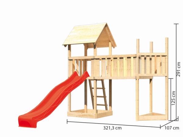 Akubi Spielturm Lotti Satteldach + Schiffsanbau oben + Anbauplattform XL + Rutsche in rot