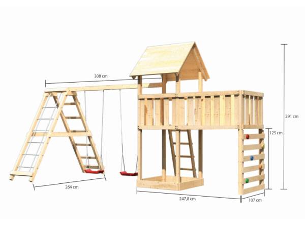 Akubi Spielturm Lotti Satteldach + Doppelschaukelanbau Klettergerüst + Anbauplattform XL + Kletterwa
