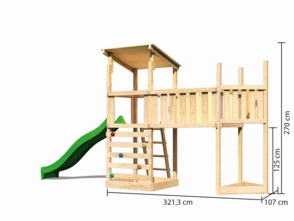 Akubi Spielturm Anna + Rutsche grün + Anbauplattform XL + Kletterwand + Schiffsanbau oben
