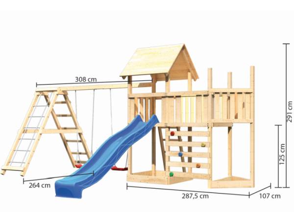 Akubi Spielturm Lotti Satteldach + Schiffsanbau oben + Anbauplattform + Doppelschaukel mit Kletterge