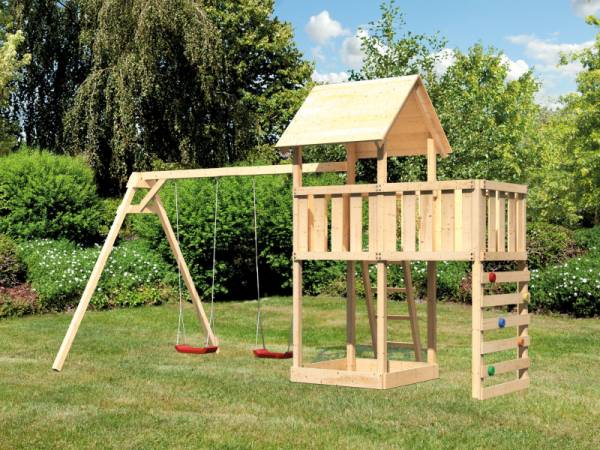 Karibu Spielturm Lotti Satteldach + Doppelschaukel + Anbauplattform + Kletterwand Karibu Spielturm Lotti Satteldach + Doppelschaukel + Anbauplattform + Kletterwand