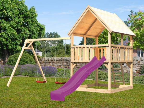 Akubi Spielturm Luis mit Doppelschaukel und Rutsche in violett Akubi Spielturm Luis mit Doppelschaukel und Rutsche in violett