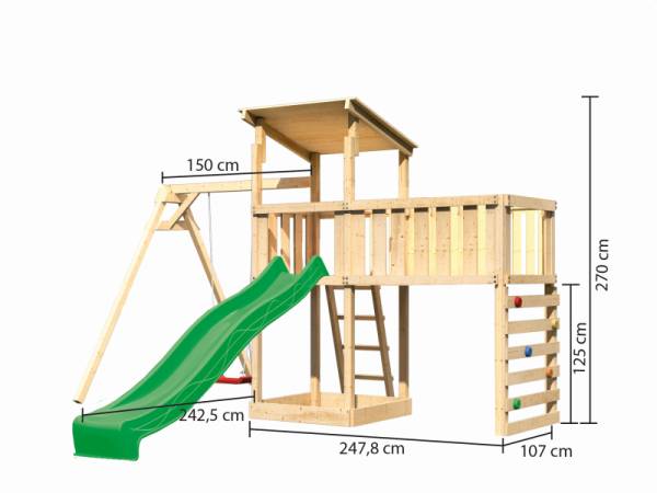 Akubi Spielturm Anna + Rutsche grün + Einzelschaukel + Anbauplattform XL + Kletterwand