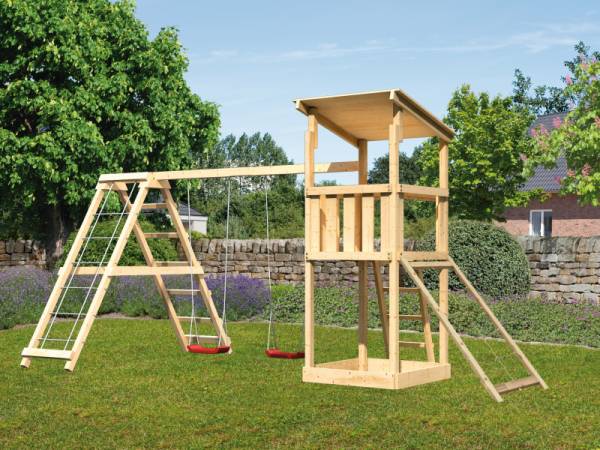 Karibu Spielturm Anna + Doppelschaukelanbau Klettergerüst + Netzrampe Karibu Spielturm Anna + Doppelschaukelanbau Klettergerüst + Netzrampe