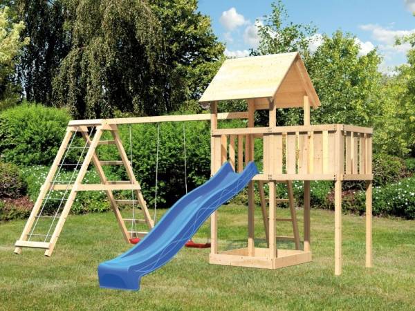 Karibu Spielturm Lotti natur- Anbauplattform- Doppelschaukel inkl. Klettergerüst- Rutsche blau