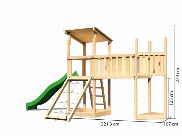 Akubi Spielturm Anna + Rutsche grün + Anbauplattform XL + Netzrampe + Schiffsanbau oben