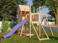 Akubi Stelzenhaus Frieda + Rutsche violett + Einzelschaukel + Anbauplattform + Netzrampe