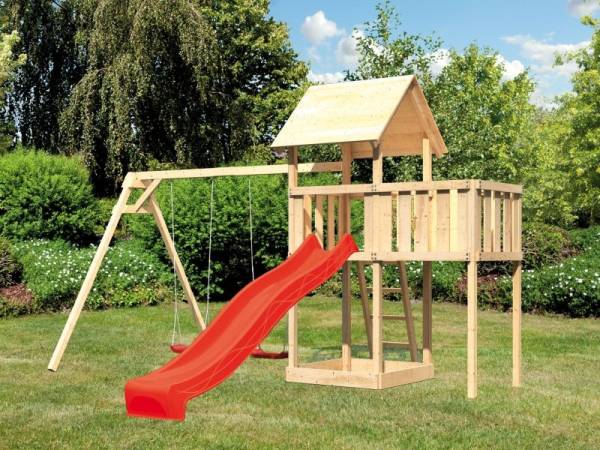 Karibu Spielturm Lotti natur- Anbauplattform- Doppelschaukel- Rutsche rot Karibu Spielturm Lotti natur- Anbauplattform- Doppelschaukel- Rutsche rot