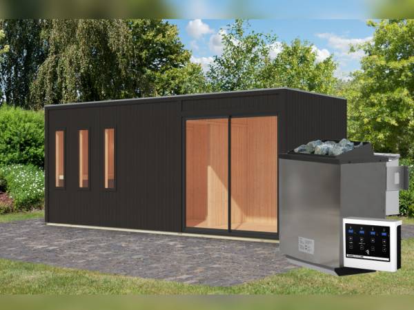 Karibu Saunahaus Monterey, schwarz, inkl. 9 kW Bioofen ext. Steuerung, mit Séparée im Vorraum, 73 mm Karibu Saunahaus Monterey, schwarz, inkl. 9 kW Bioofen ext. Steuerung, mit Séparée im Vorraum, 73 mm