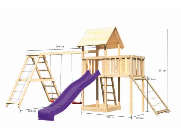 Akubi Spielturm Lotti Satteldach + Rutsche violett + Doppelschaukelanbau Klettergerüst + Anbauplattf