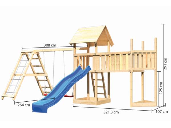 Akubi Spielturm Lotti Satteldach + Schiffsanbau oben + Doppelschaukel mit Klettergerüst + Anbauplatt