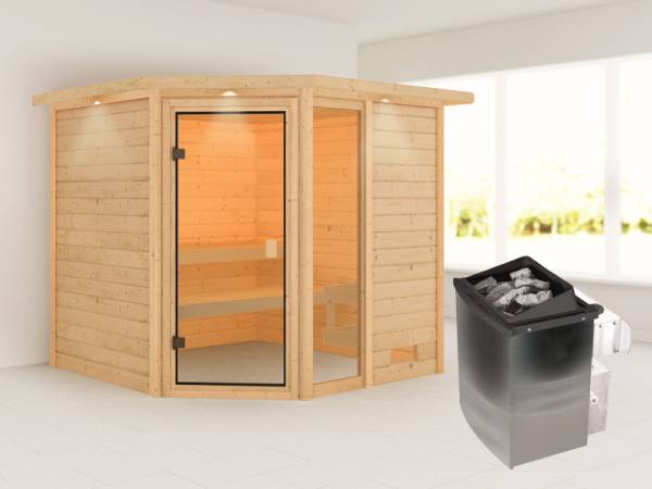 Karibu Sauna Tabea mit 9 kW Ofen integr. Strg und Dachkranz 38 mm Karibu Sauna Tabea mit 9 kW Ofen integr. Strg und Dachkranz 38 mm