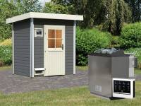 Karibu Saunahaus Jorgen, terragrau, inkl. 9kW Bioofen ext. Steuerung, mit klassischer Saunatür