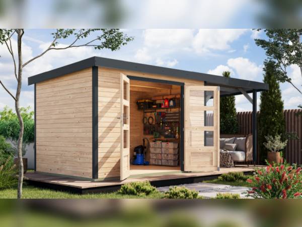 Karibu Hybrid Gartenhaus Jupiter 4 A naturbelassen/anthrazit, inkl. 2,35 m Anbaudach